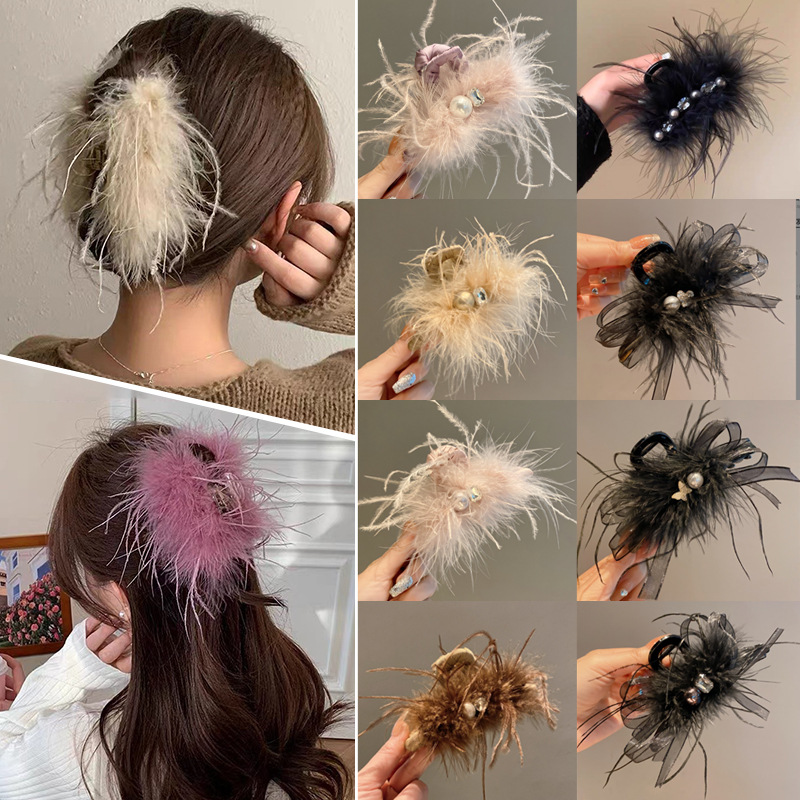 New Pink Feather Large Claw Clip, Autumn and Winter New Style, Super Fairy-Like Ostrich Feather Hair Clip, Back of the Head Updo Shark Clip
