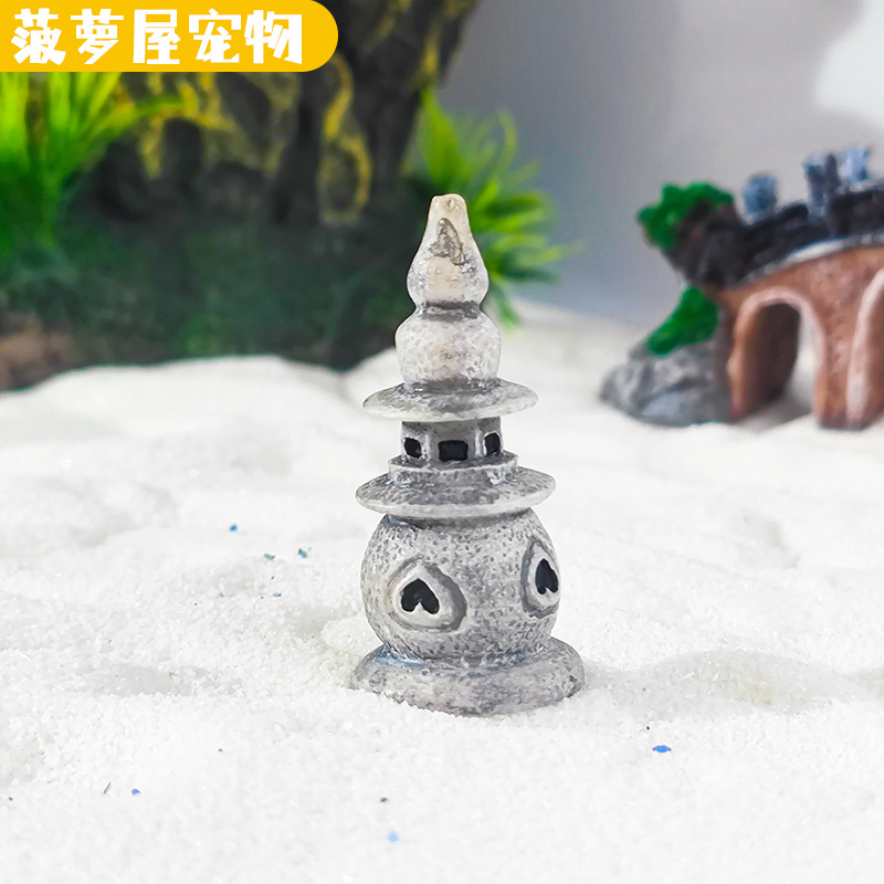Venta caliente micro paisaje rocalla decoración zen tres piscinas luna luna pequeña torre de piedra linterna palacio antiguo pecera paisajismo punto cabello directo