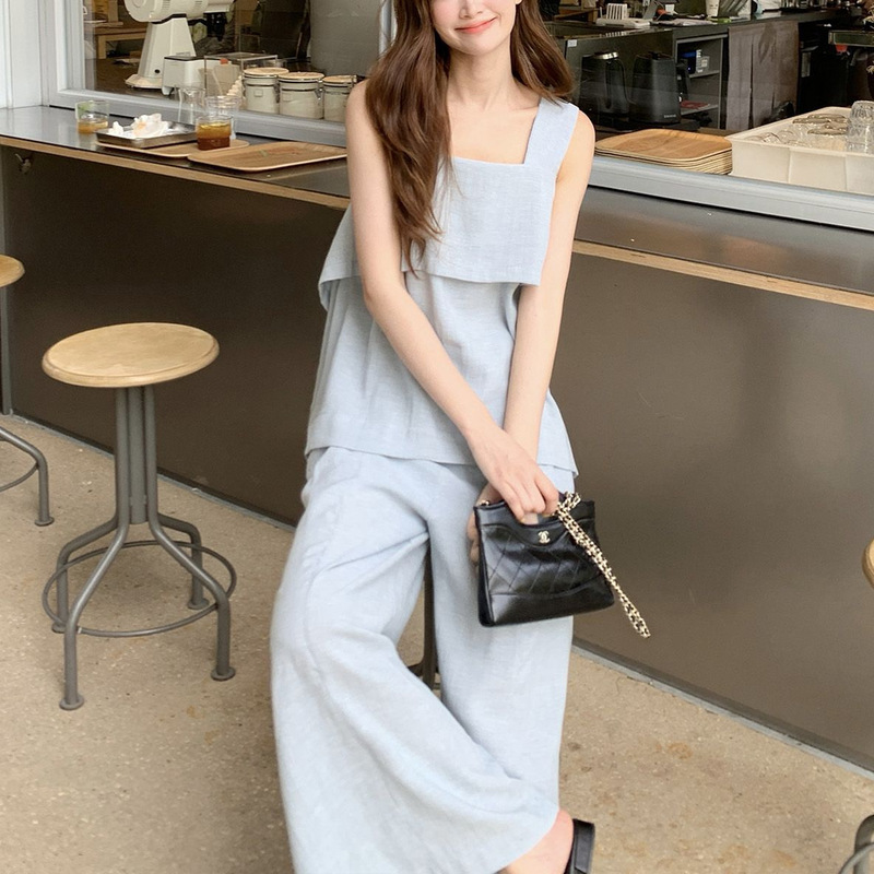 蓝色高级感无袖背心套装女2025夏季新款气质慵懒休闲阔腿裤两件套|undefined