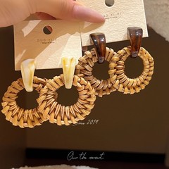 夸张几何圆形藤编耳钉女树脂拼接耳环耳饰波西米亚度假风耳坠耳钩
