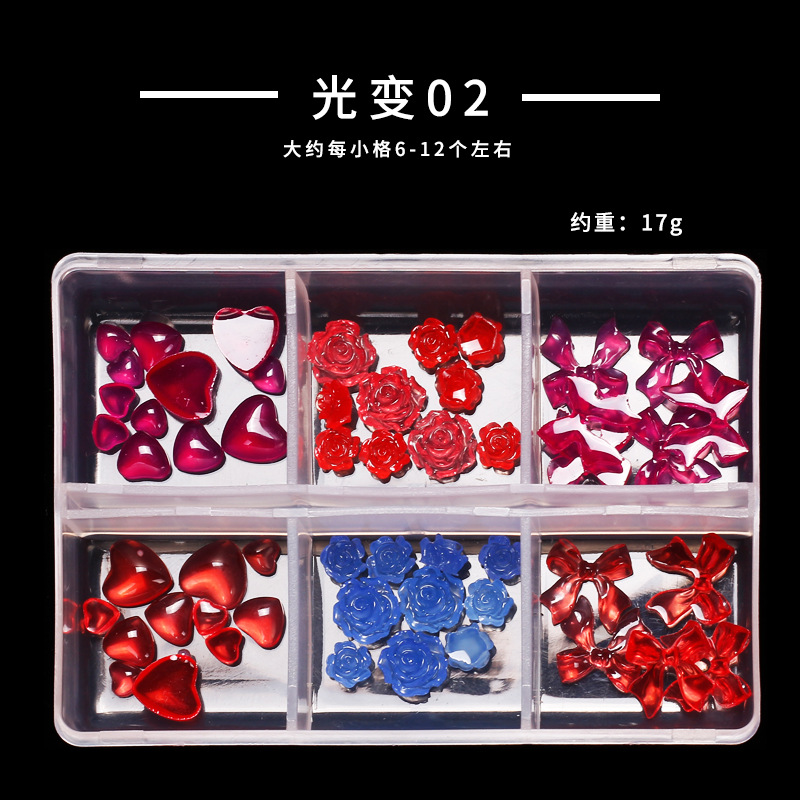 Joyas de manicura de resina híbrida japonesa 3D estereoscópica de cinco pétalos Aurora Xiangshan Camellia caja de 6 cuadros