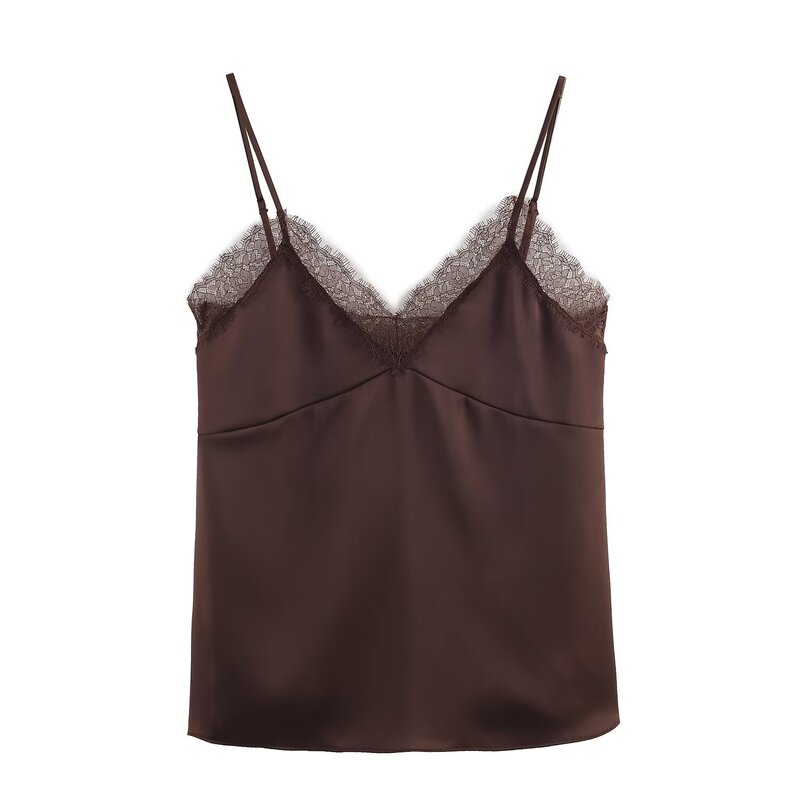 Amazon Cross-Border Wholesale Autumn New Women's Lace Embellished Silk Satin Texture Tops Camisole Tops