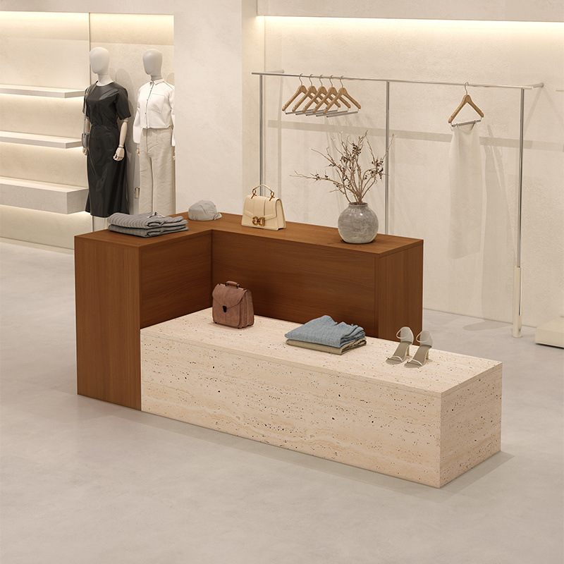 服装店中岛台洞石纹展示桌鞋包女装店陈列柜中间摆放桌子流水台柜