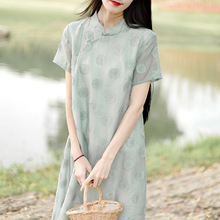 乙默连衣裙女2020夏新品改良旗袍提花A字旗袍仙女裙棉麻批发实拍