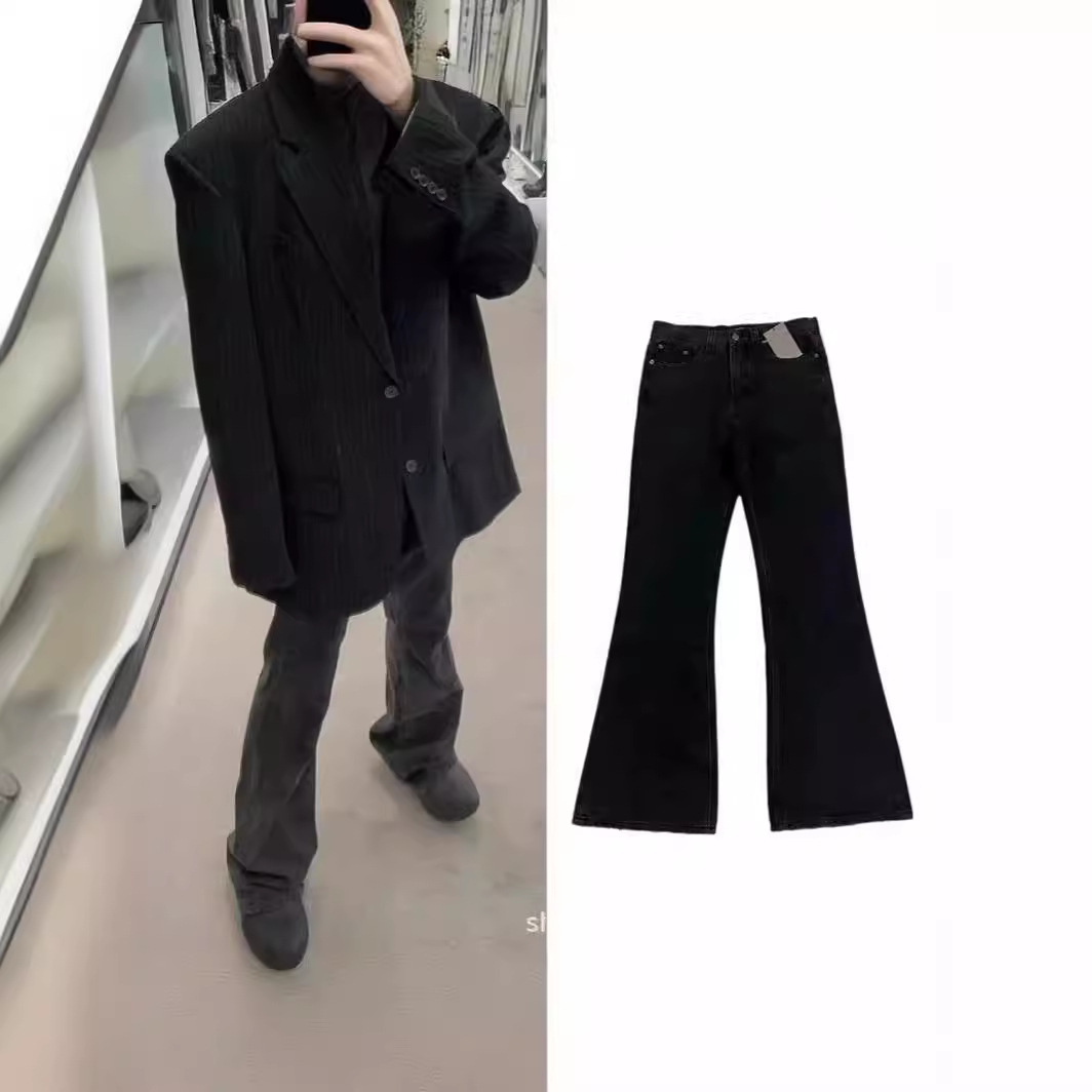Estándar original estilo parisino Demna Flared puro negro guerra daño lavado cuerno jeans nihken mismo estilo pantalones de moda