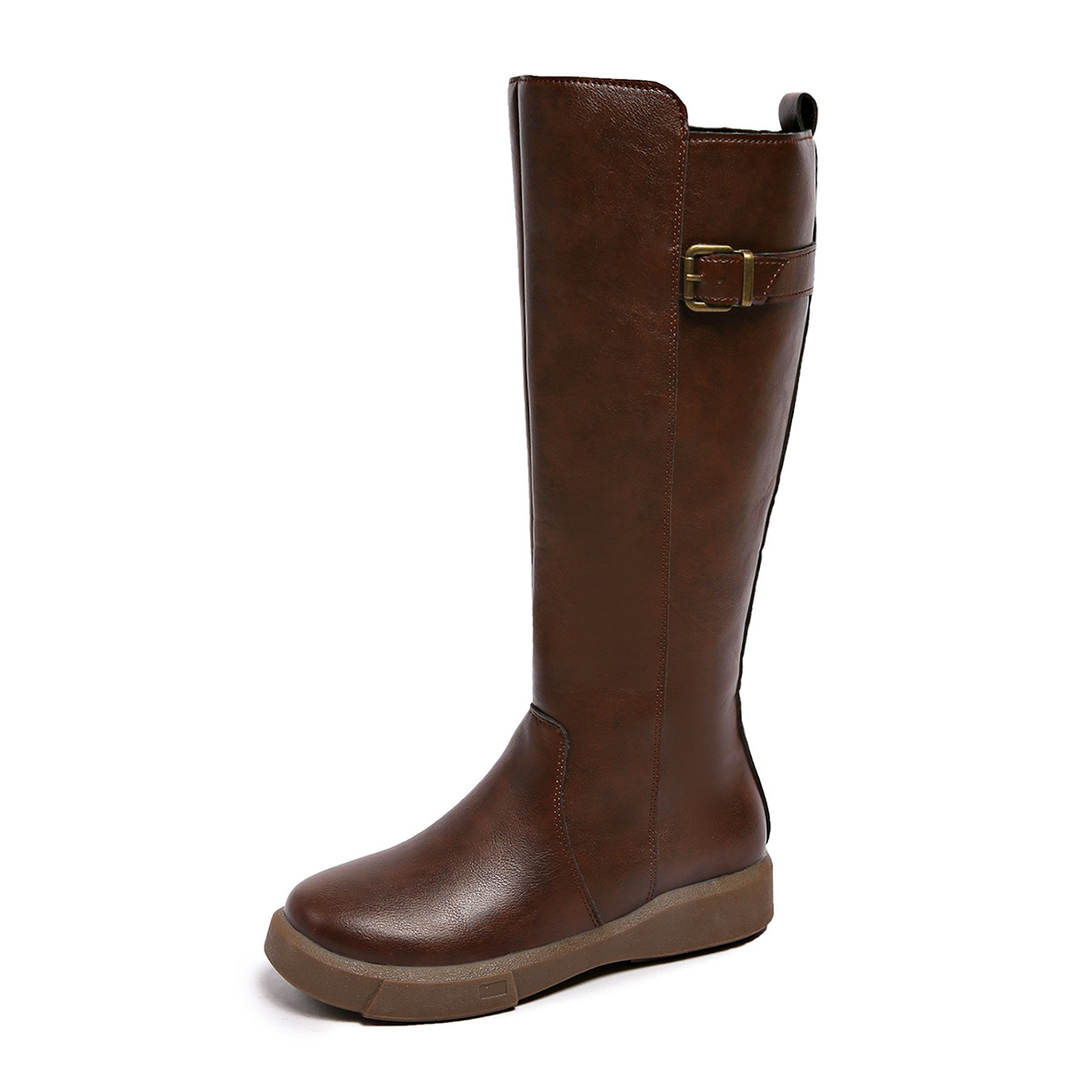 Plus Size Slimming High Top Boots British Style Thick Sole Leather Buckle Retro Round Toe Riding Boots For Women Winter New Style_voghion.com
