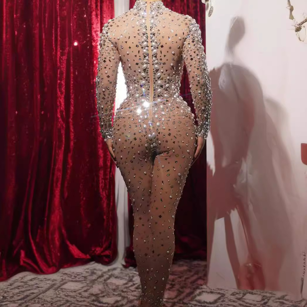 Novance rhinestone perla rendimiento actividad jumpsuit nuevo mono mujeres Club party bar image 3