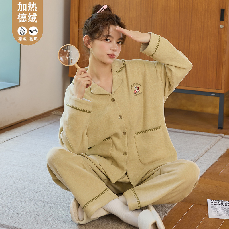 Autumn and Winter Women's Pajamas, Silk Wool Thermal Thickened Long-Sleeve Cardigan, Heat-Retaining and Warm Loungewear, Live Broadcast Style