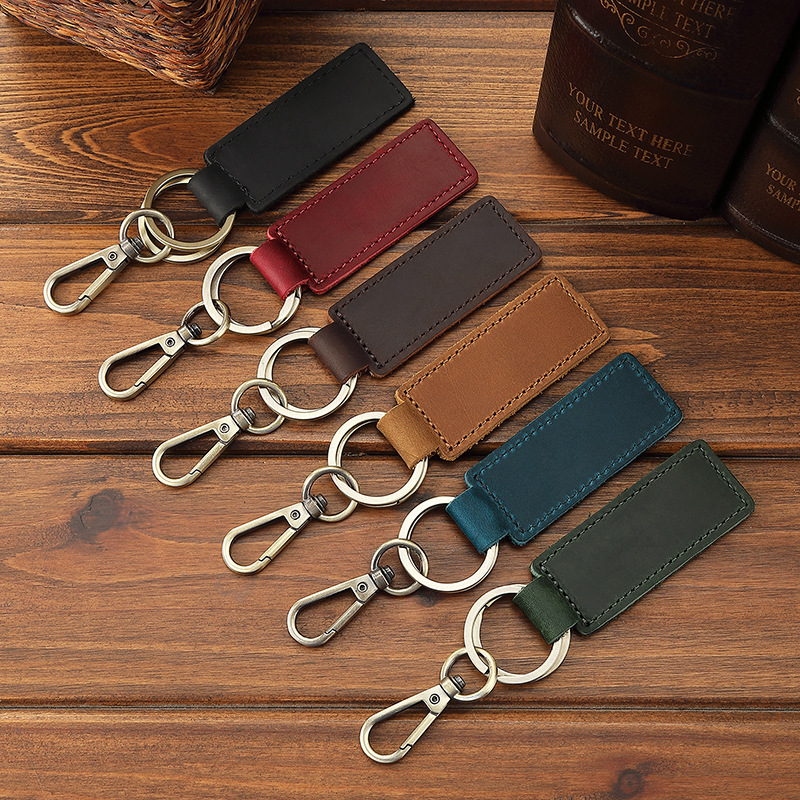 Genuine Leather Keychain Car Key Anti-Loss Buckle Personalized Engraving Crazy Horse Yellow Cow Leather Keychain Factory Wholesale
