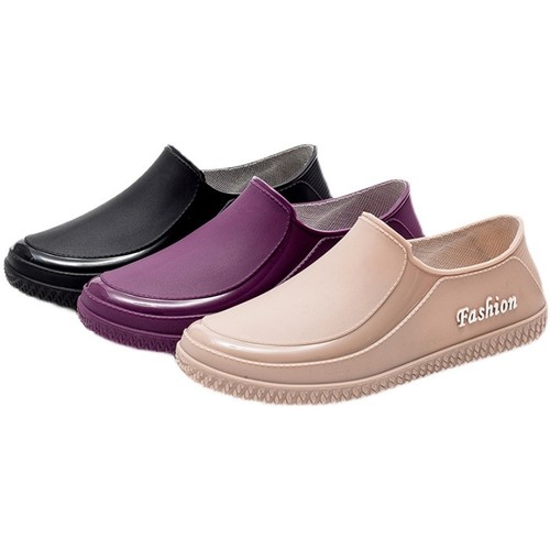 Women's Spring and Autumn Fashionable Low-Top Waterproof Slip-Resistant Flat Rain Boots, Four-Season Durable Car Washing Kitchen Work Rubber Shoes