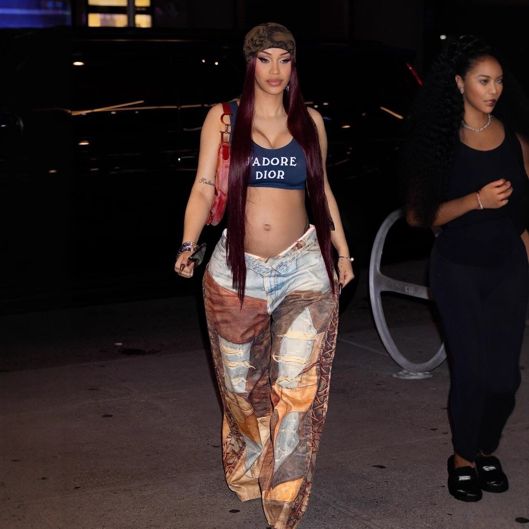 2025春季新款跨境脏脏牛仔铁链皮革3D印花阔腿弯刀裤女士休闲长裤