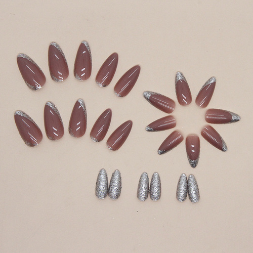 Almond nails sparkling French fake nails European and American fashionable sweet and cool finished products wholesale wearable manicure tablets