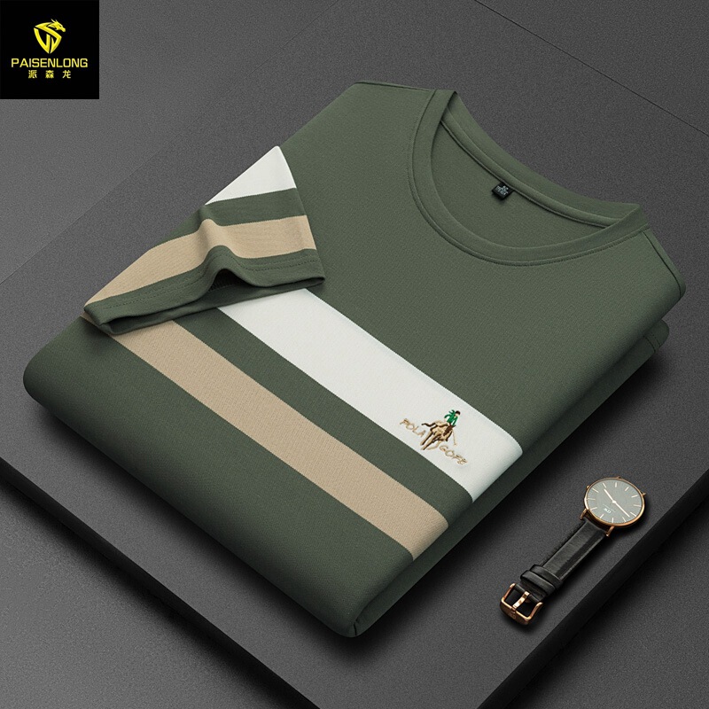 Foreign Trade Pesson Dragon 2025 Summer New Men's T-shirt Round Neck Casual Loose Fine Embroidered Striped Top