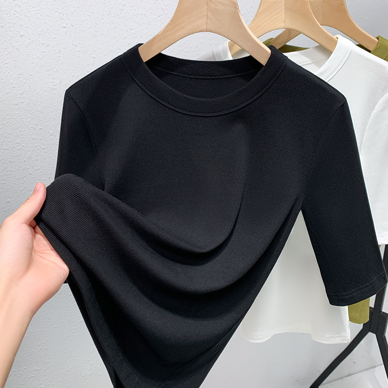 Camiseta modal de manga media para mujer 2023 nueva camiseta de media manga con cuello redondo de ala ancha para mujer, cintura elástica, top ajustado