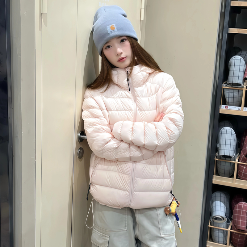 Pink Ribbed down Jacket for Women, Winter 2026 New Korean Style Lightweight Hooded down Cardigan, Warm Inner Layer Coat
