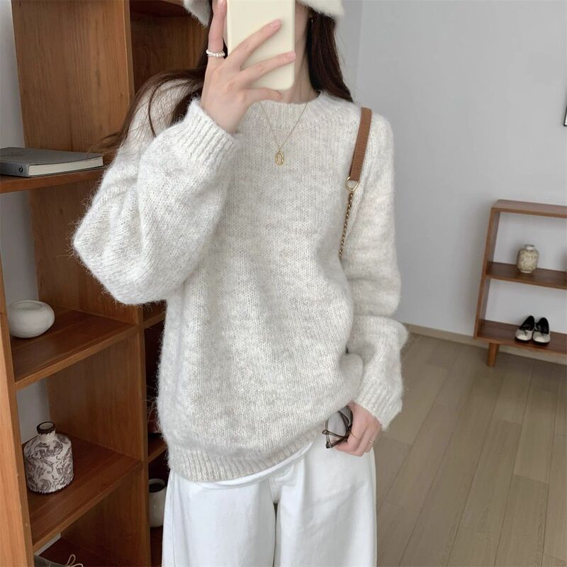 Soft and Waxy Round Neck Knitwear for Women Autumn and Winter 2025 New Lazy Style Loose Pure Color Long-Sleeved Knitwear with Thick Inner Top