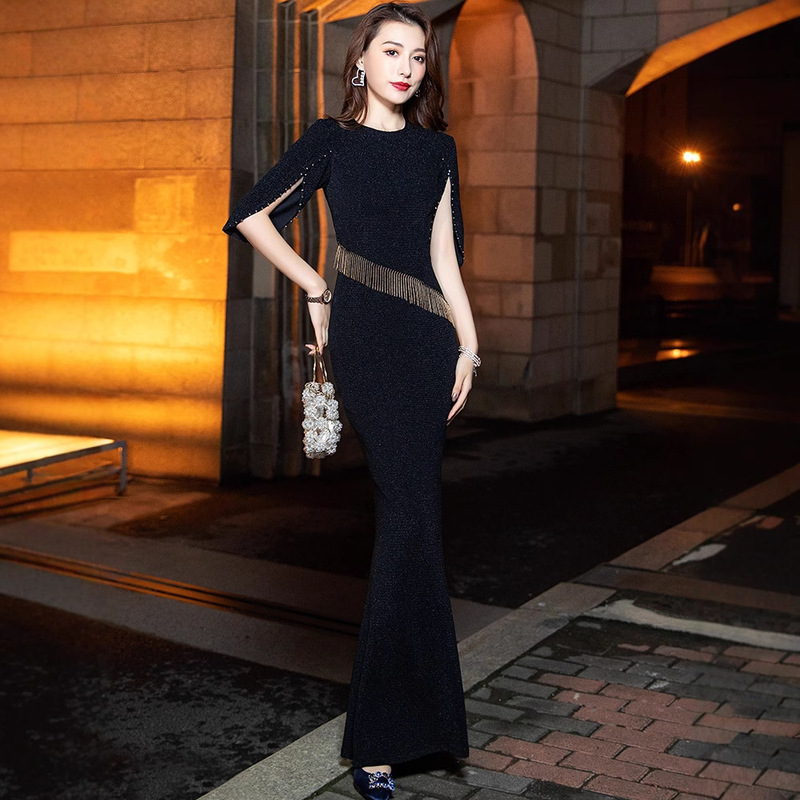 Temperament Evening Dress Female Aura Queen Socialite Banquet Elegant Black Long Dignified and Elegant Fishtail Skirt