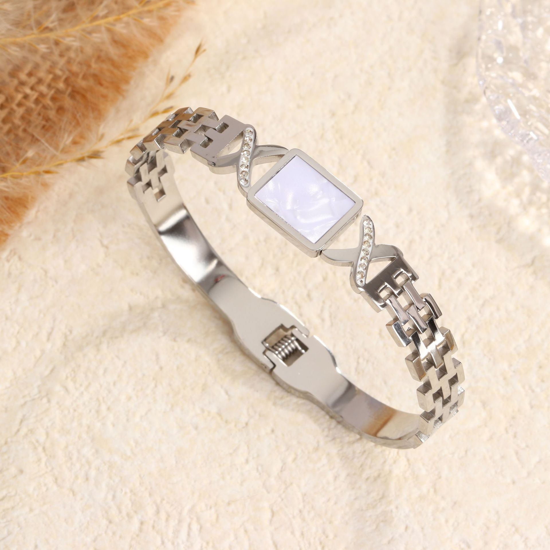 93 화이트 쉘 스퀘어 팔찌 스틸 컬러