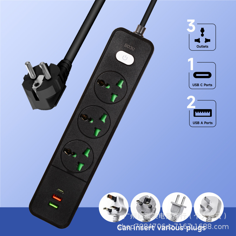 Venta directa transfronteriza enchufe estándar europeo, placa de conexión USB + tipo-C de carga rápida inteligente, interruptor explosivo, enchufe con cable