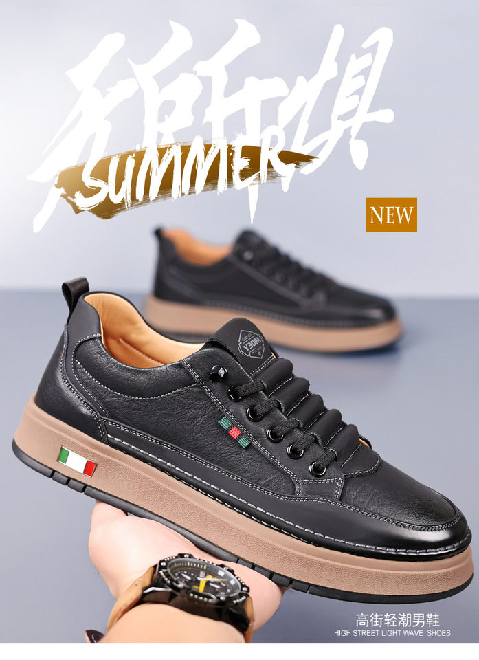 Giày da nam cổ thấp đế bằng, sneaker da bò mũi tròn phối dây thun, đế mềm thoáng khí — PZ7775 Màu nâu, PZ7775 màu be, PZ7775 màu trắng, PZ7775 màu đen chi tiết 3