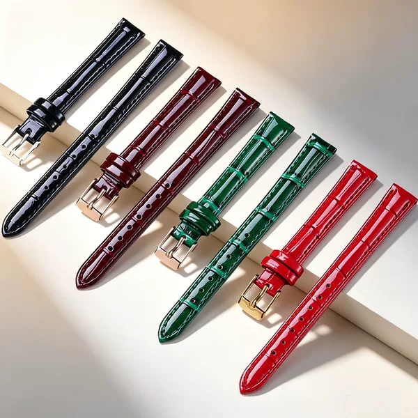 Factory Direct Sales Bright Patent Leather Genuine Leather Strap Bright Bamboo Leather Strap Pin Buckle Burgundy Watch Accessories