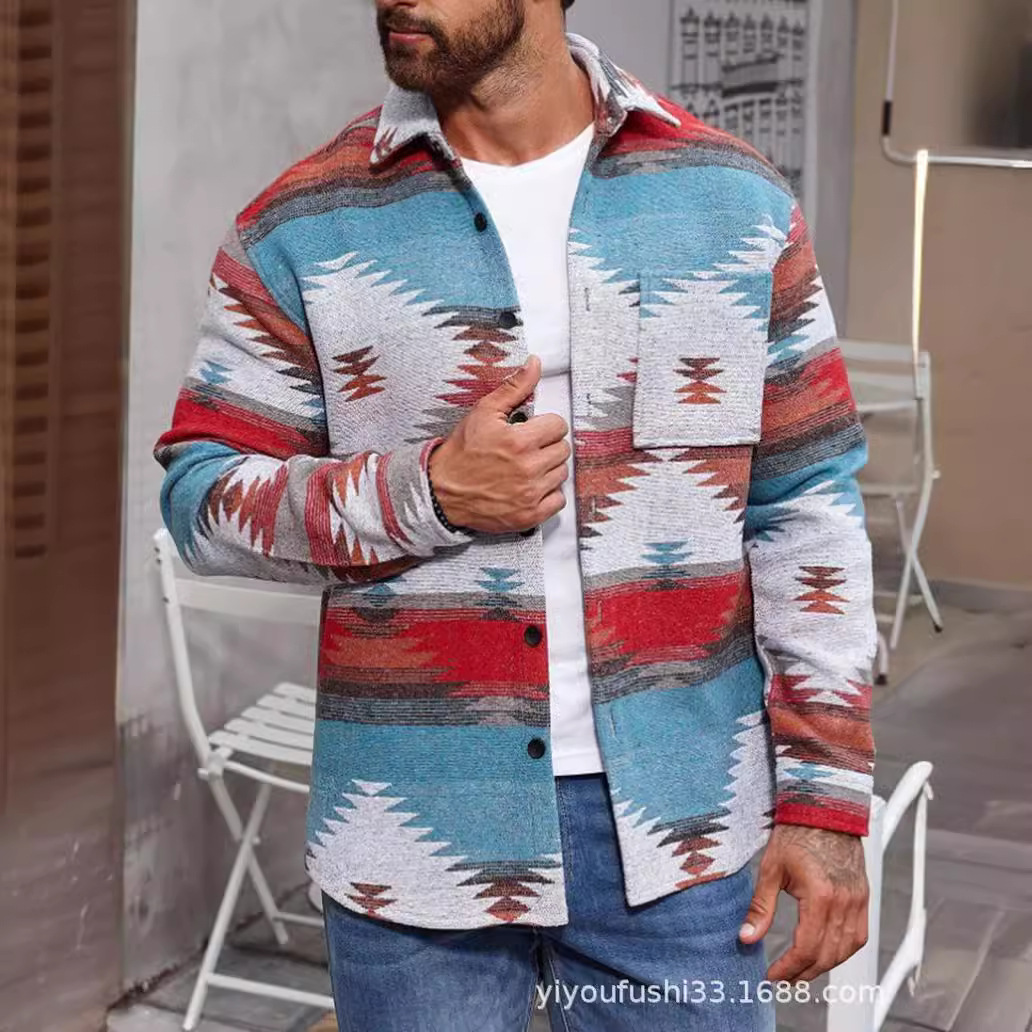 Amazon 2023 Otoño e Invierno Nuevos hombres europeos y americanos de un solo cuello de pecho patrón geométrico Jacquard abrigo de lana de los hombres de cercanías