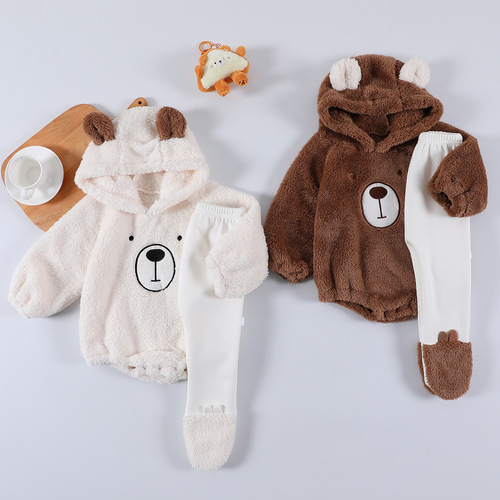  Autumn/Winter New Cute Bear Baby Toddler Onesie Triangular Hooded Sweat Suit with Double Fleece Warmth Climbing Suit