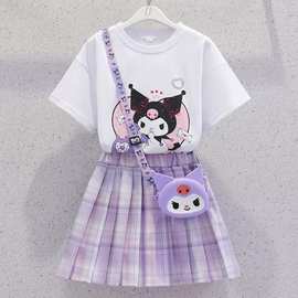 女童夏装学院风jk裙套装儿童韩版2024新款卡通上衣百褶裙两件套潮