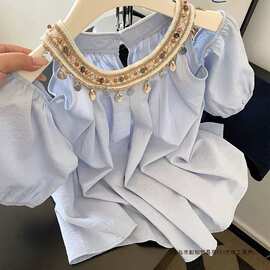 韩系海边度假风蓝色衬衫女25新款高级感重工钉珠圆领露肩宽松上衣
