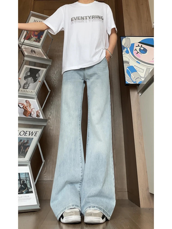Light Blue Bootcut Jeans for Men, Summer Thin Drapey Straight Scimitar Pants, Wide-Legged Loose Bell-Bottom Pants for Boys