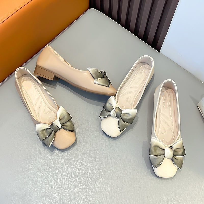 新款方头皮鞋蝴蝶结小气质法式脚蹬配女夏2025百搭一单鞋平底裙子