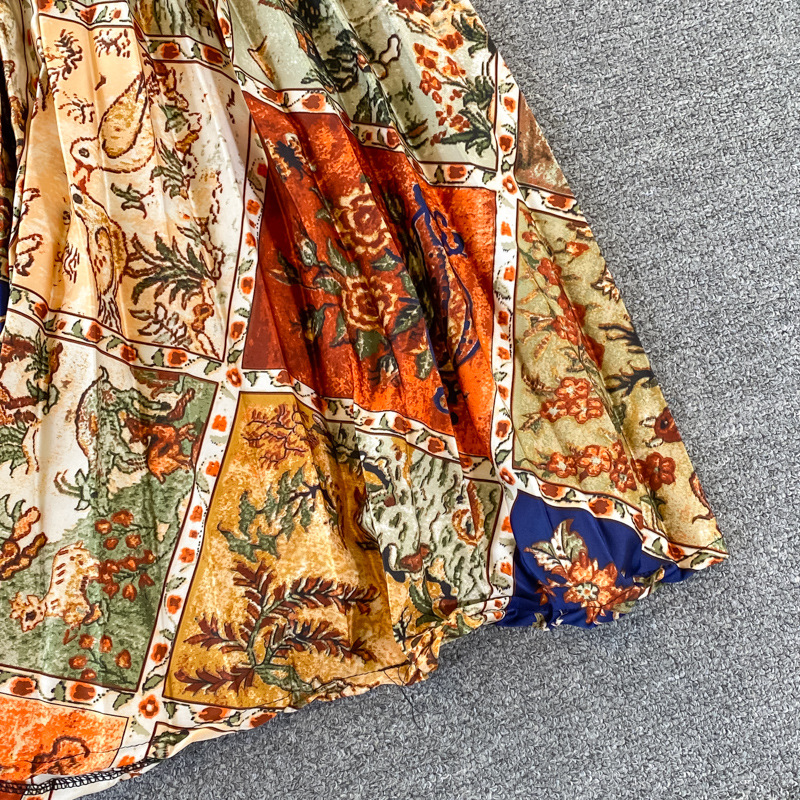 Vêtements pour femmes Automne col rond ample mince à manches longues imprimé satin simple boutonnage robe plissée élégante légère luxe longue jupe_voghion.com