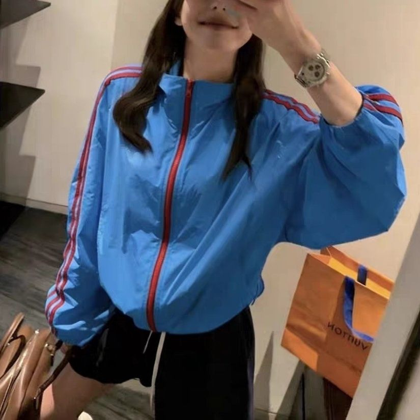 Korean style side stripe three stripes sun protection shirt stand collar color block patchwork women's zip-up jacket sun protection thin jacket