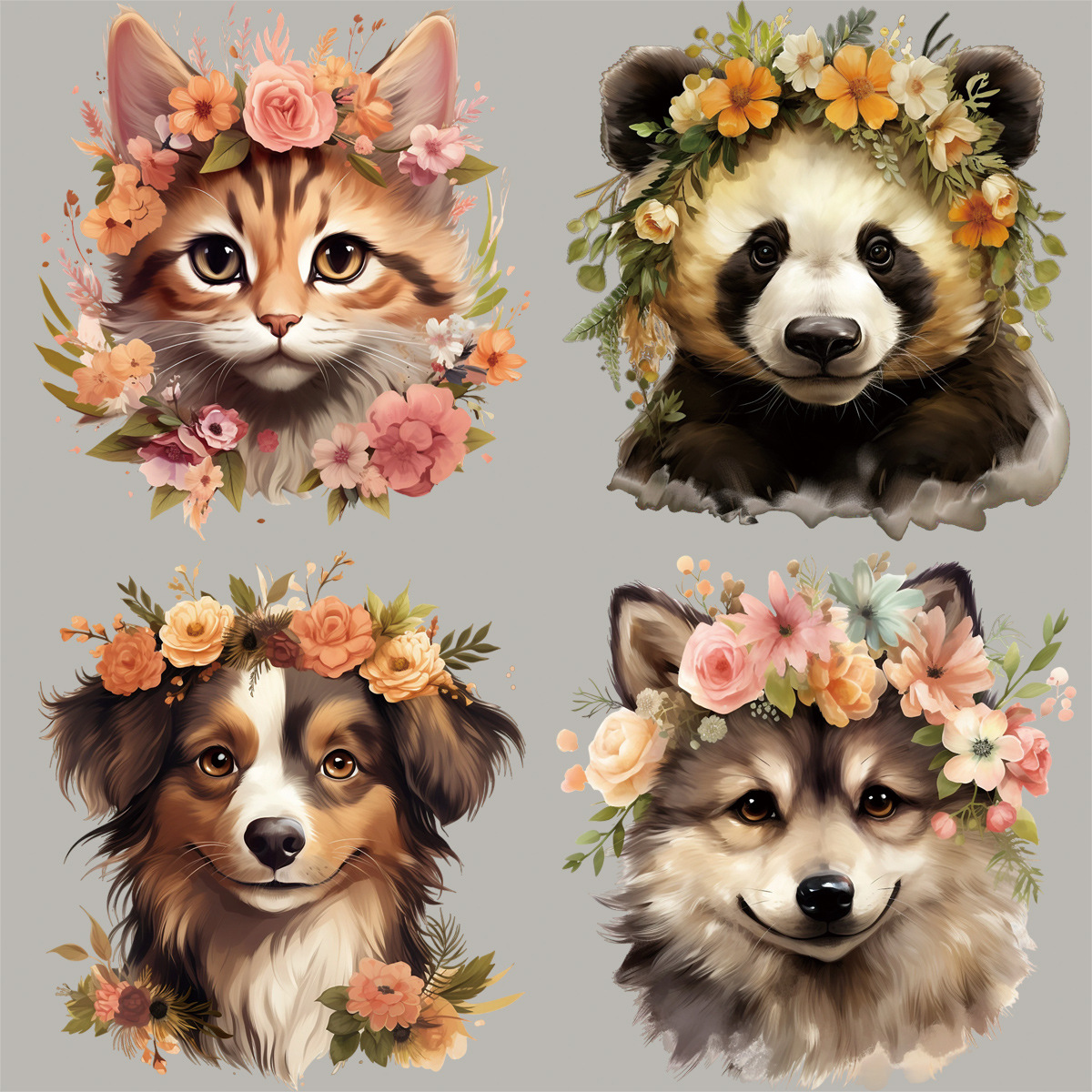 跨境新款头戴花环的狗狗猫咪熊猫服装t恤热转印印花烫图跨境专供