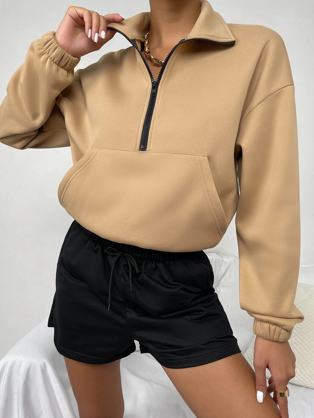 Amazon popular 2023 europeo y americano Otoño e Invierno transfronterizo Comercio exterior superior cremallera soporte cuello manga larga forro polar suéter suelto para las mujeres