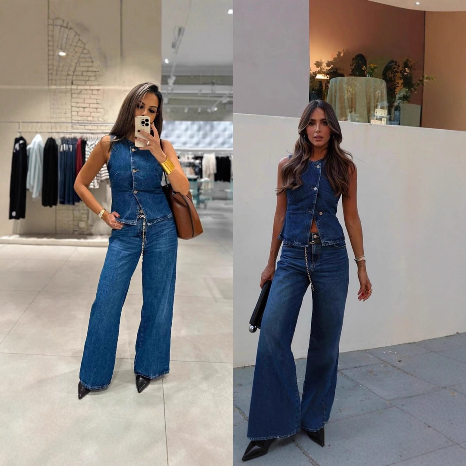 Conjunto de chaleco vaquero y pantalones de pierna ancha para mujer, estilo urbano de moda de verano 2025 con estampado 3D._voghion.com