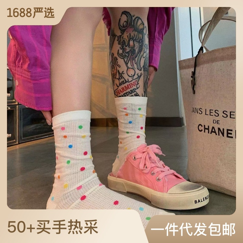 High-value Japanese colored polka dot socks for women in summer thin breathable girls mid-tube socks simple dotted yarn stockings