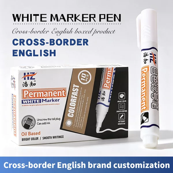 Cross-border English version white marker pen, oil-based, non-fading, waterproof paint pen, industrial quick-dry tire painting marker