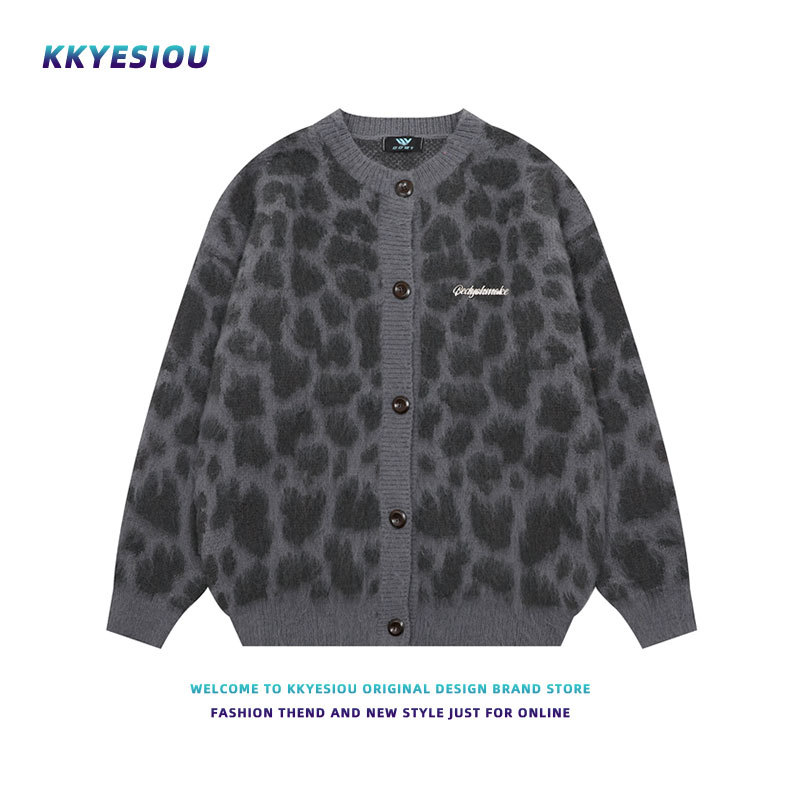 KKYESIOU 미국 레트로 레오파드 디자인 니트 카디건 남녀 틈새 게으른 하이 엔드 커플 재킷