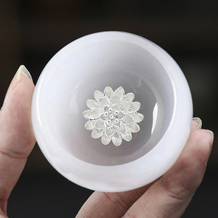 Home Silver-inlaid White Porcelain Jade Porcelain High-grade Tea Cup Large Tea-tasting Cup Glass Jade Master Cup Single Cup Silver Cup