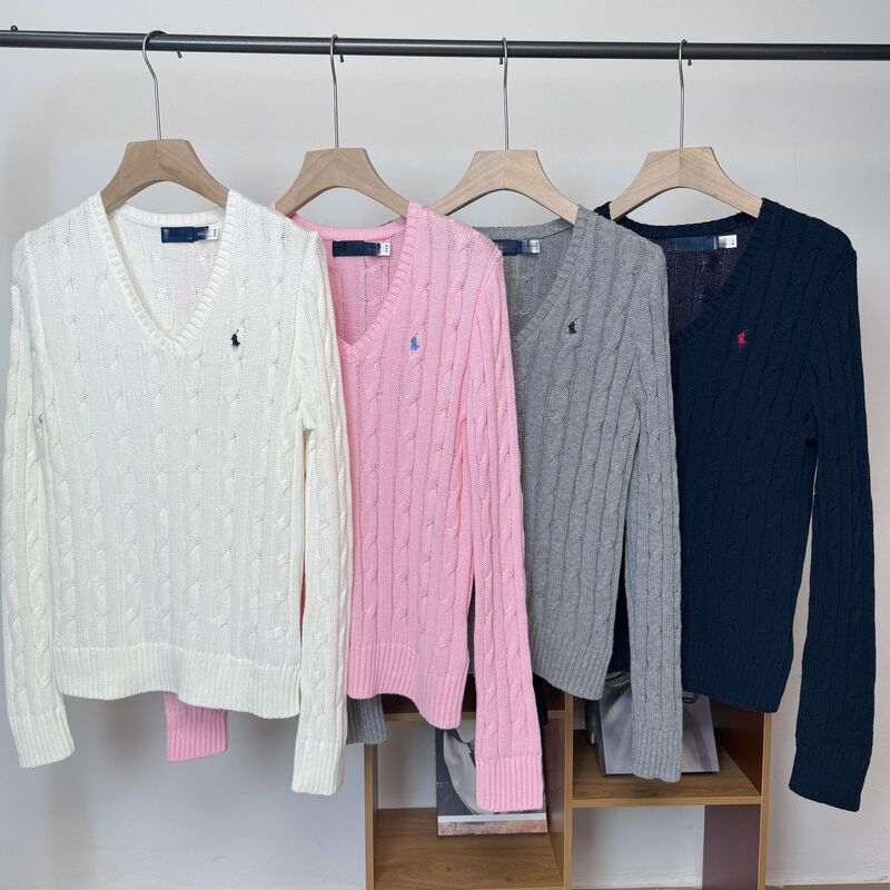 High Quality/Classic 25 Spring & Fall Pony Embroidered V Neck Pure Cotton Hemp Pullover Sweater Long Sleeves for Women