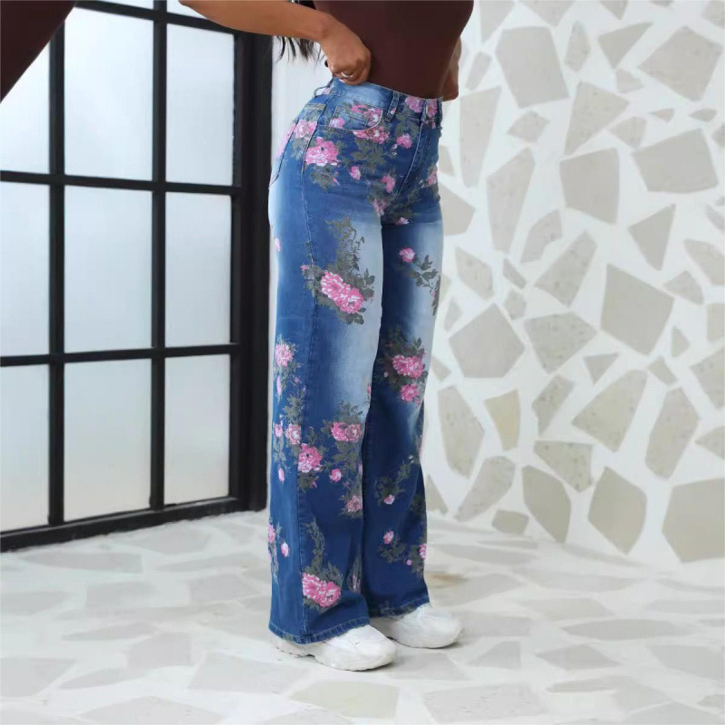 アマゾンのハイウエストの新型プリントデニムパンツハンサムなストレートの花柄があります。|undefined
