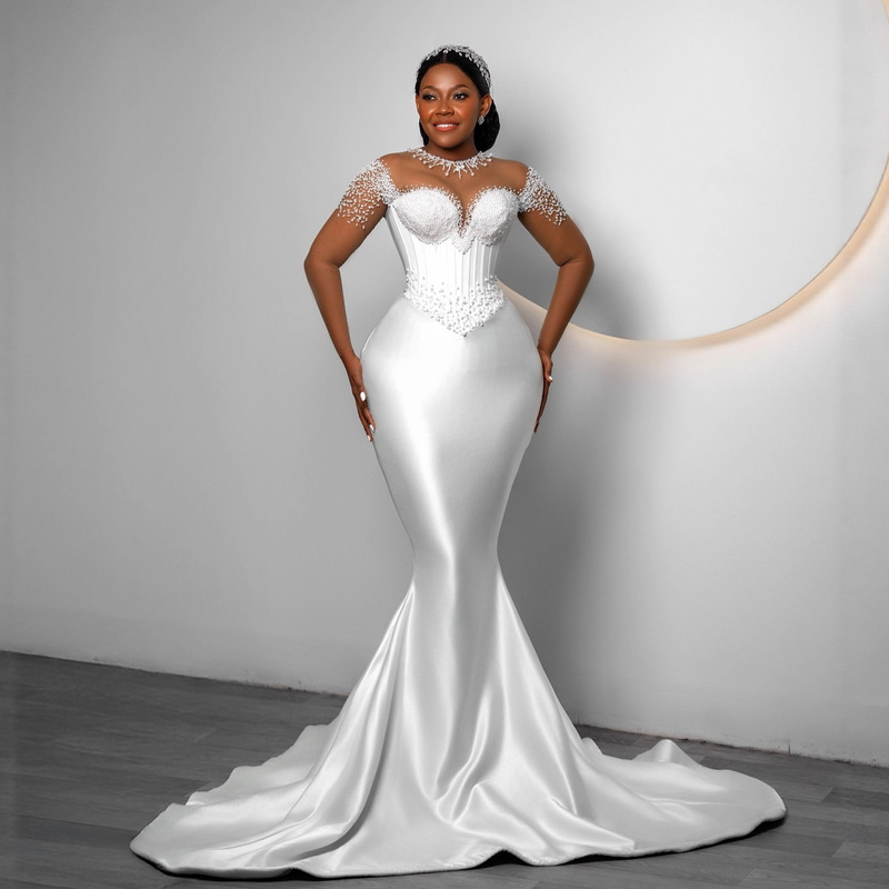 Cross-Border African Plus Size Wedding Dress Amazon New Fishtail Slim Tube Top Main Wedding Dress Satin Mermaid Wedding Dress for Women