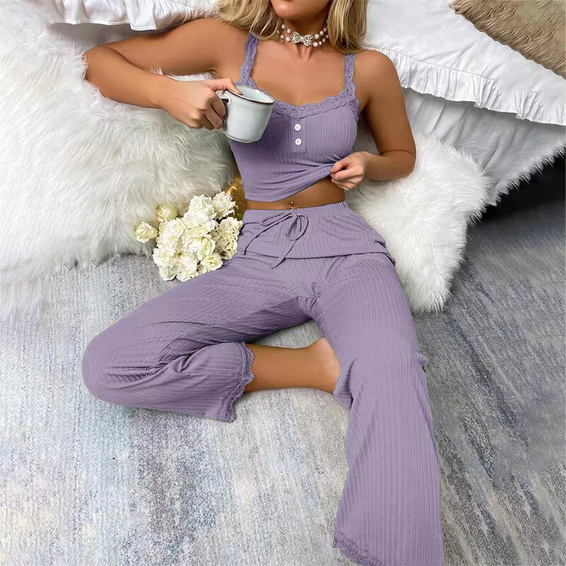Cross-border Casual Pajamas Women's Summer Lace Lace Sling Trousers Sexy Hot Girls European and American Women's Home Clothes Two-piece Set Cross-border Casual Pajamas Women's Summer Lace Lace Sling Trousers Sexy Hot Girls European and American Women's Home Clothes Two-piece Set