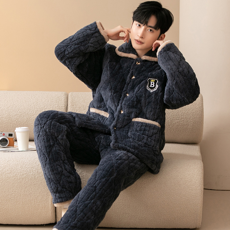 Winter Men's Three-Layer Thickened Quilted Pajamas Coral Fleece Homewear Set Warm Cotton Jacket Thickened for Warmth