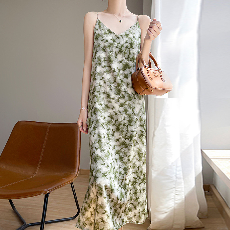2025 New Summer Satin V Neck Suspender Dress Women's Printed Loose Sleeveless Elegant Versatile Long Skirt