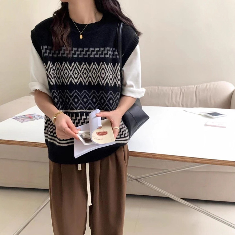 秋款圆领宽松休闲显瘦撞色提花套头无袖针织马甲背心女叠穿|undefined