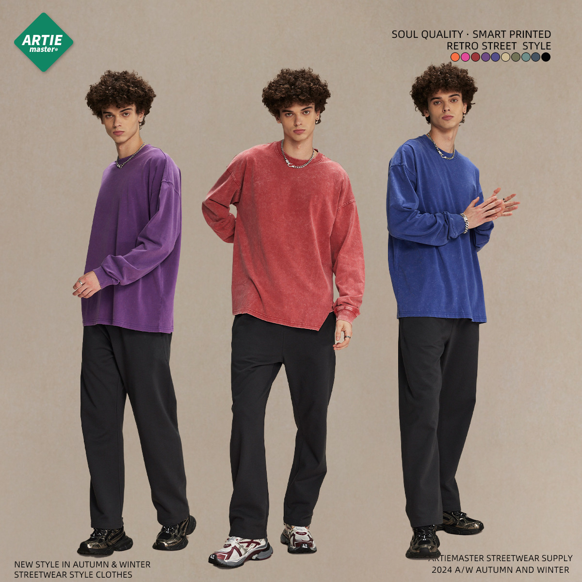 Camiseta de manga larga para hombre con cuello redondo, estilo retro batik lavado, de 275g, de la nueva colección otoño-invierno 2025 de una marca de moda, ideal para parejas.