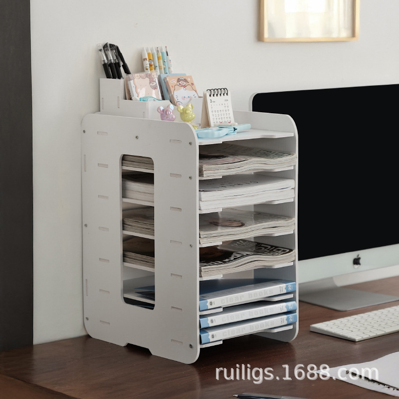 File rack, multi-tiered folder organizer, desktop organizer, office supplies storage, bookshelf