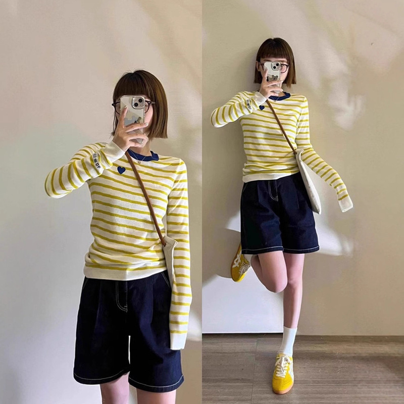 Yellow Striped Right Shoulder Inner Layering Shirt Top for Women Spring and Autum Short Slim Fit Knitted Long-Sleeved T-Shirt 1